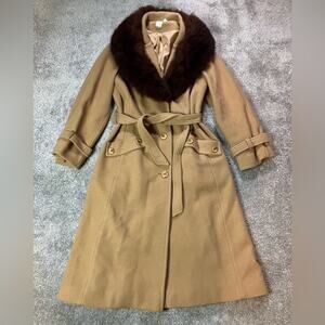 Women's Vintage Tan Wool Coat Fur Collar Belted Long Winter Overcoat Sz 11/12